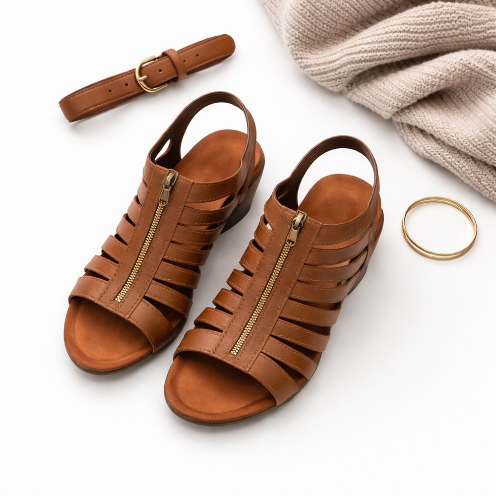 AEROSOLES Tan Leather Strappy Wedge Sandals with Gold Zipper